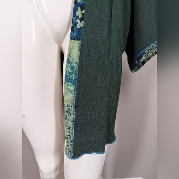 Boho Artisan Kimono Jacket – Forest Green with Patchwork Art & Embroidery – One - Picture 7 of 8